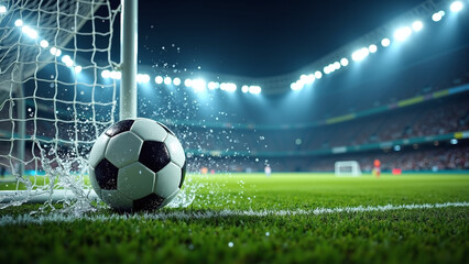 Obraz premium Soccer ball splashes into net under stadium lights, scoring goal. 