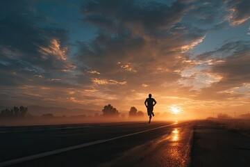 Silhouette runner on misty road at sunrise