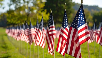 Row of American flags planted in grassy field under daylight, extending into distance &mdash; solemn tribute to national pride, remembrance, and unity.&rdquo;