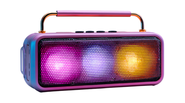 Portable bluetooth speaker with colorful led lights isolated on transparent background