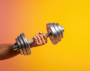 Hand holding a dumbbell against a gradient background
