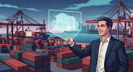 Businessman using futuristic holographic technology for supply chain management at a shipping port.