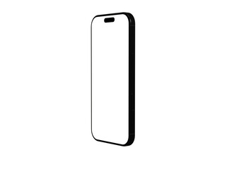 High-quality image of a black smartphone mockup with a blank screen, perfect for app presentations or website designs.  Isolated on white backg