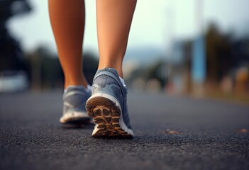 Woman's feet in athletic shoes walking on a street