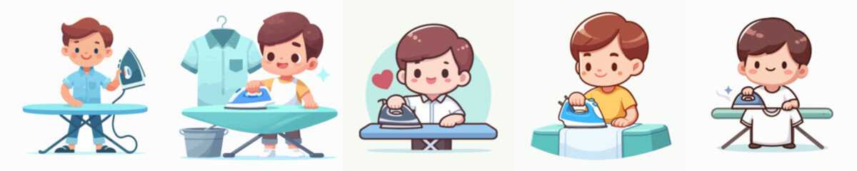 vector of a little boy ironing clothes