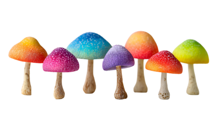 Collection of colorful decorative mushrooms isolated on transparent background
