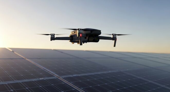 Modern drone flying above solar panel field. Technology for inspection surveillance and maintenance of renewable energy power plant.