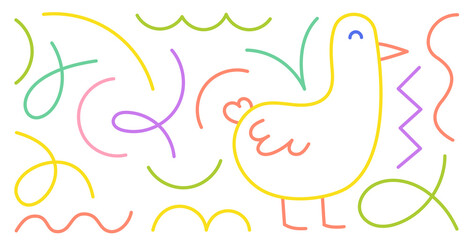 Colorful line abstract art featuring a playful bird surrounded by whimsical shapes and lines in a vibrant design