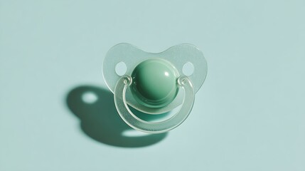 A simple, mint green pacifier on a light blue background, perfect for soothing infants and adding a touch of color to baby essentials.