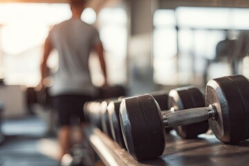 Gym dumbbells in focus, person out of focus