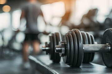 Fototapeta premium Gym dumbbells in focus, blurred figures (4)