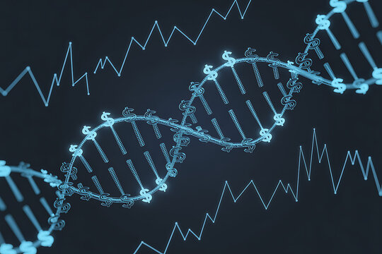 DNA Helix Structure with Dollar Signs and Financial Charts double helix science