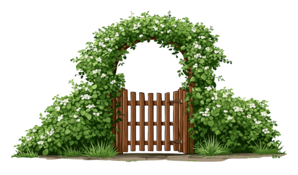 Garden Archway with Wooden Gate and White Flowers floral arch isolated on a transparent background