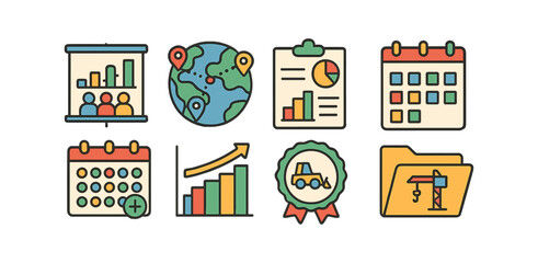 Business, productivity outline icon set. charts, calendars, global planning collection