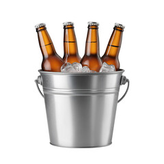 Four Brown Beer Bottles in Ice Bucket cold drinks refreshment isolated on a transparent background