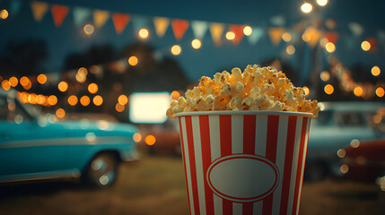 Classic drive-in movie theater scene with a focus on a bucket of popcorn in the foreground. Movie theater popcorn, popcorn movie theatre vintage style