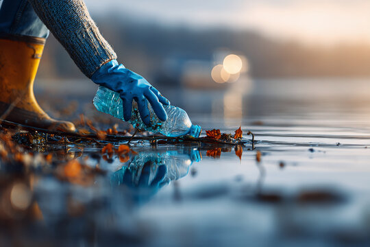 Environmental hero in gloves collecting plastic waste, hero battling visible pollution in water, hero inspiring others through hands-on conservation efforts