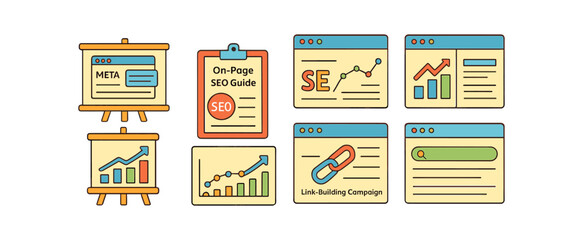 Seo, marketing flat icon set. optimization, strategy graphics flat collection