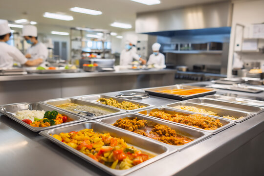 Dedicated staff preparing school lunches, preparing balanced meals with care, preparing food following strict nutrition guidelines
