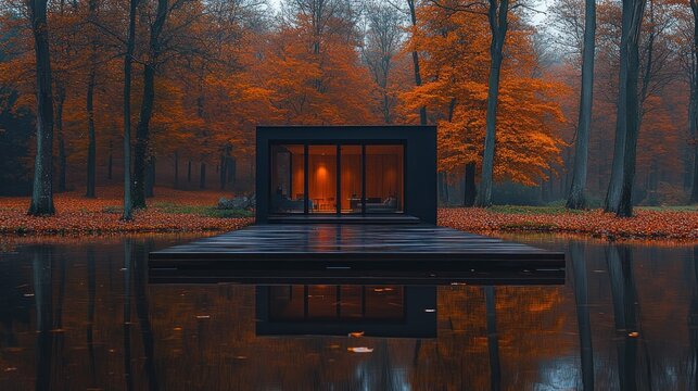 Autumnal lake house, forest reflection, cozy interior