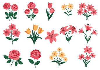 Set of botanical plant with flowers flat style art element design