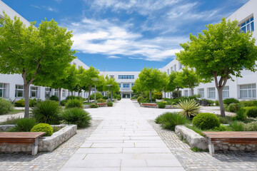 Obraz premium Clean campus square with a white academic building in the distance and vibrant blue sky. Peaceful and modern educational setting captured on a sunny day