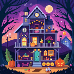 Spooky victorian haunted mansion with a large full moon and eerie trees isolated on white background isolated on transparent background