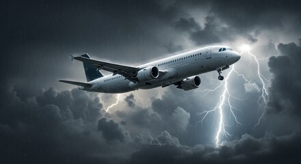 A passenger airplane flies through a stormy sky with lightning strikes during turbulent weather conditions.