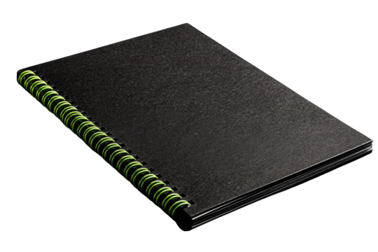 Black spiral-bound notebook with lime green coils, isolated on a transparent background. Mockup for design. background removed
