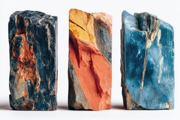 Three raw stone blocks, different colors