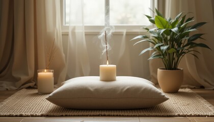 A calming scene with candle, incense, and plant creating a peaceful and serene atmosphere indoors
