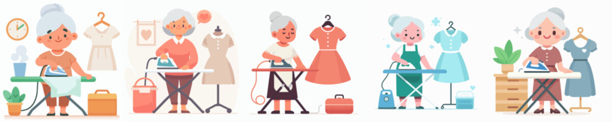 vector of a grandmother ironing clothes