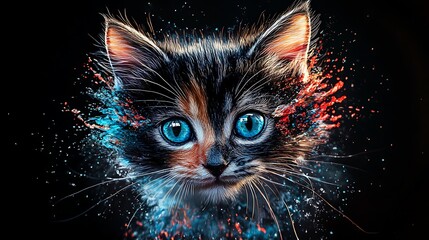 Colorful Kitten Portrait Displaying Curiosity On Black Painted Background (2)