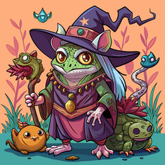 Fototapeta premium A whimsical frog wizard with magical companions and a staff isolated on white background isolated on transparent background