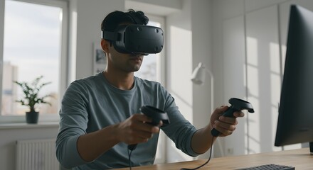 A young man wearing a virtual reality headset and holding controllers, interacting with a digital world from his home office.