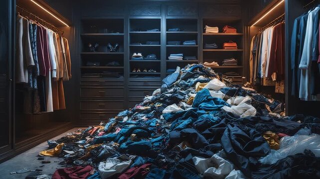Messy closet with huge pile of scattered clothes on the floor surrounded by neatly arranged wardrobes filled with hanging garments