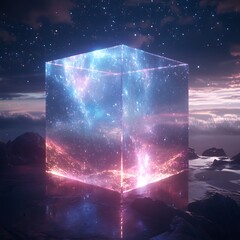 Futuristic Landscape With Illuminated Transparent Cube Under Starry Sky