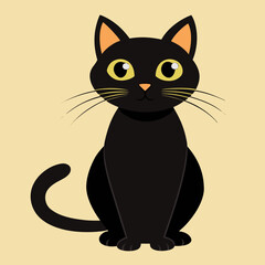 Cute cartoon black cat with big yellow eyes sitting and looking forward isolated on white background isolated on transparent background