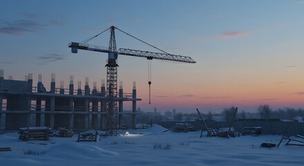 Construction Crane and Snowy Building Site at Sunset