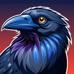 Stylized illustration of a majestic purple raven with bright orange and yellow background isolated on white background isolated on transparent background