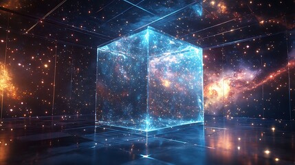 Futuristic Night Landscape Highlighted By Illuminated Transparent Glass Cube