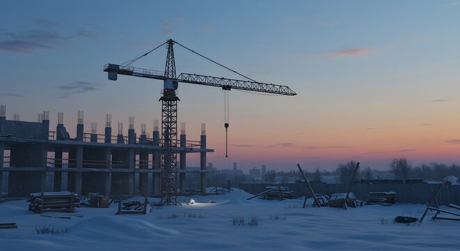 Construction Crane and Snowy Building Site at Sunset