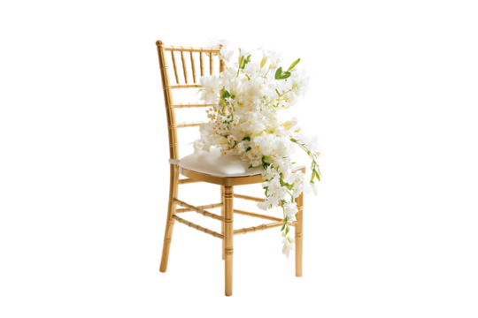 Wooden chair adorned with cascading white flowers, perfect for wedding ceremonies. - Powered by Adobe