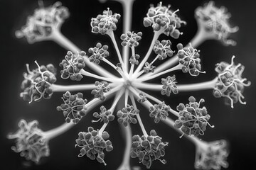 Close-up grayscale plant detail.  Radial symmetry of tiny seed clusters