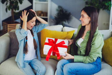 Mother and daughter sharing a special moment exchanging a gift at home, promoting happiness, love,...