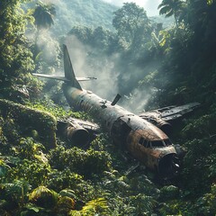 Lost Airplane Wreckage In Rainforest Under Heavy Tropical Rain