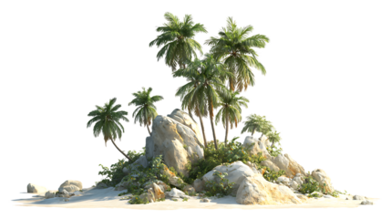 Palm trees on a secluded island with rocks and sand.
