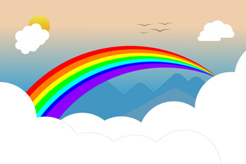 A Vector colorful rainbow arches over mountain peaks, with fluffy clouds and a bright sun in a serene sky. This vector illustration captures a peaceful outdoor scene.
