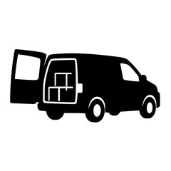 Fototapeta premium Black Silhouette Delivery Van with Open Door and Parcel Boxes Vector Isolated on White Background