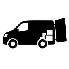 Black Silhouette Delivery Van with Open Door and Parcel Boxes Vector Isolated on White Background